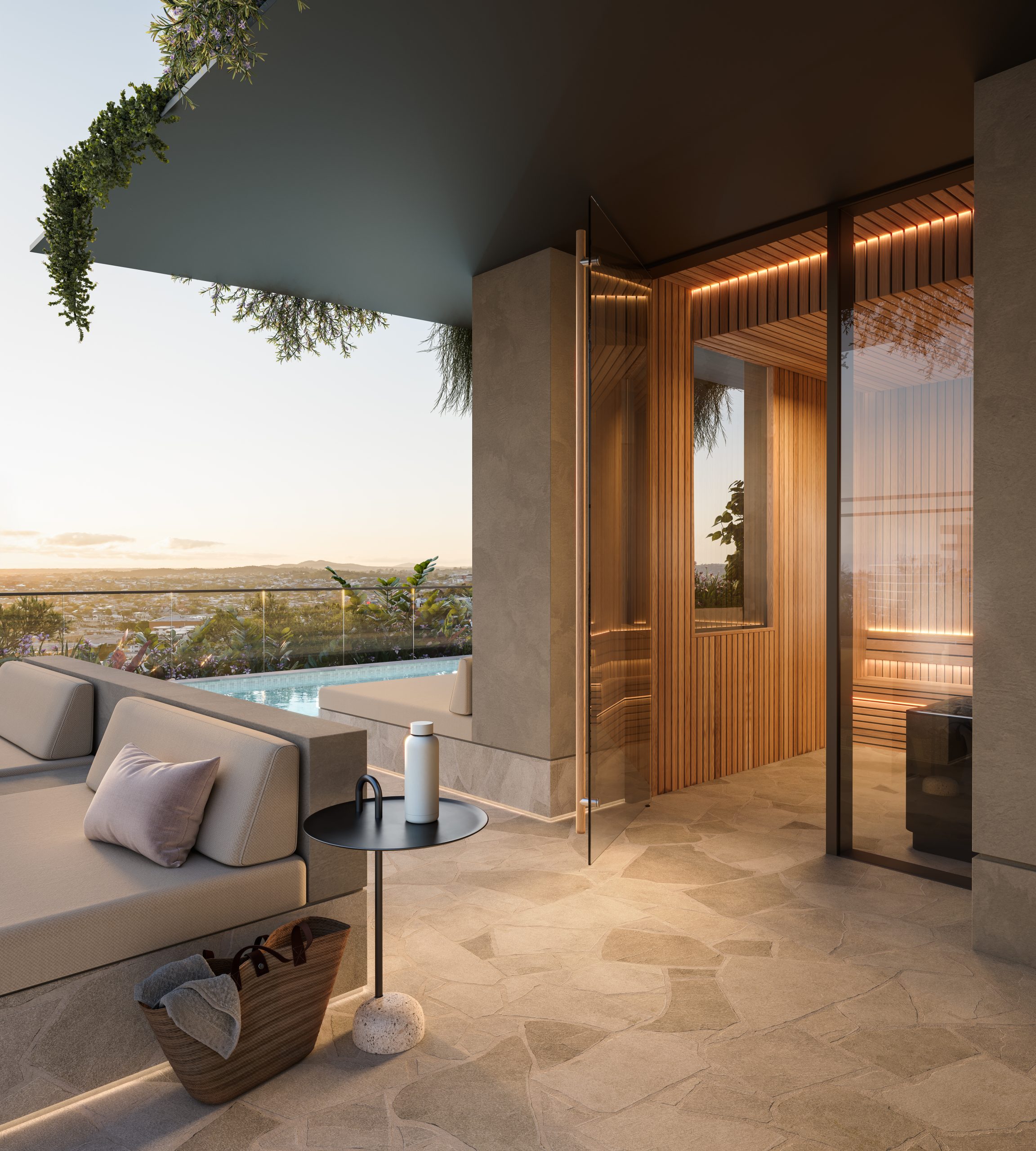 The sauna offers a restorative ritual above the city. Heat, stillness and space to reset.