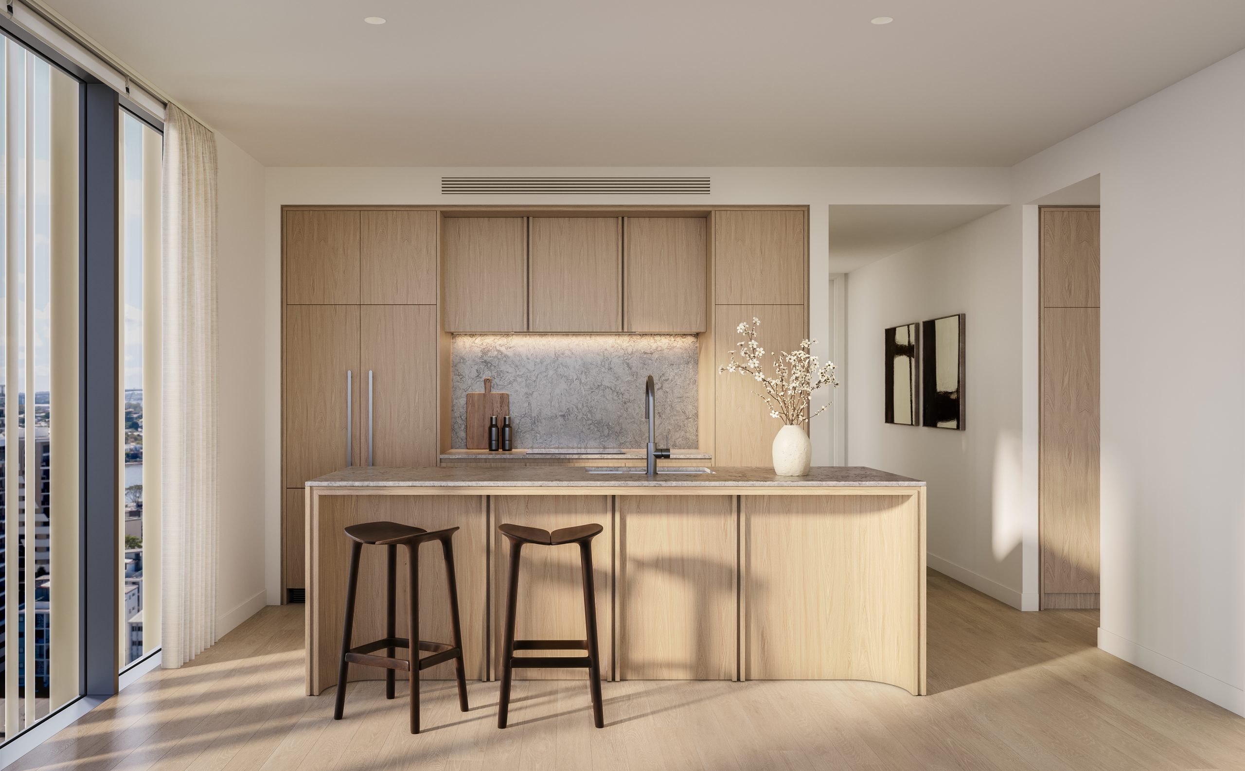 A carefully curated palette of soft, tonal materials creates a sense of calm and quiet ease