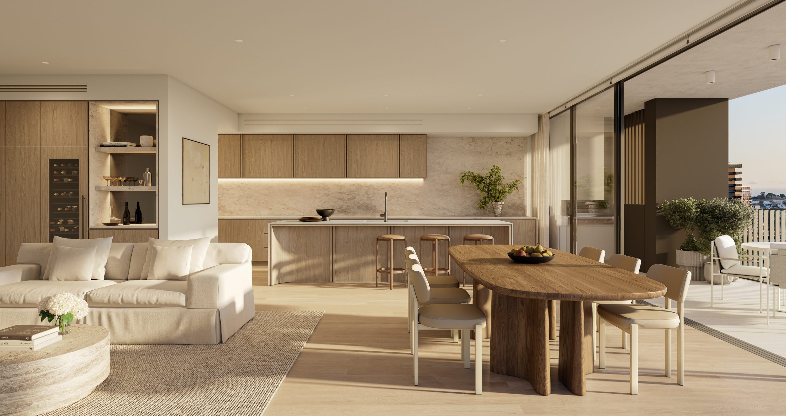 Floor-to-ceiling glazing draws light deep within, creating continuity between interior and exterior.  